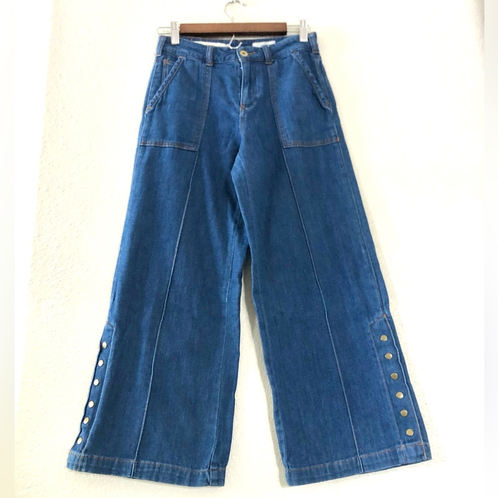 NWOT Pilcro Anthropology Wide Leg Crop Button-Trim Denim Pants - Blue